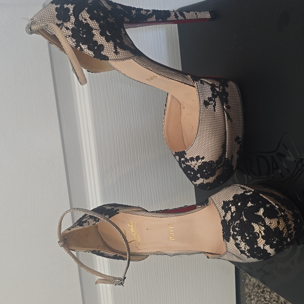 Christian Louboutin Black and Cream Lace Heels